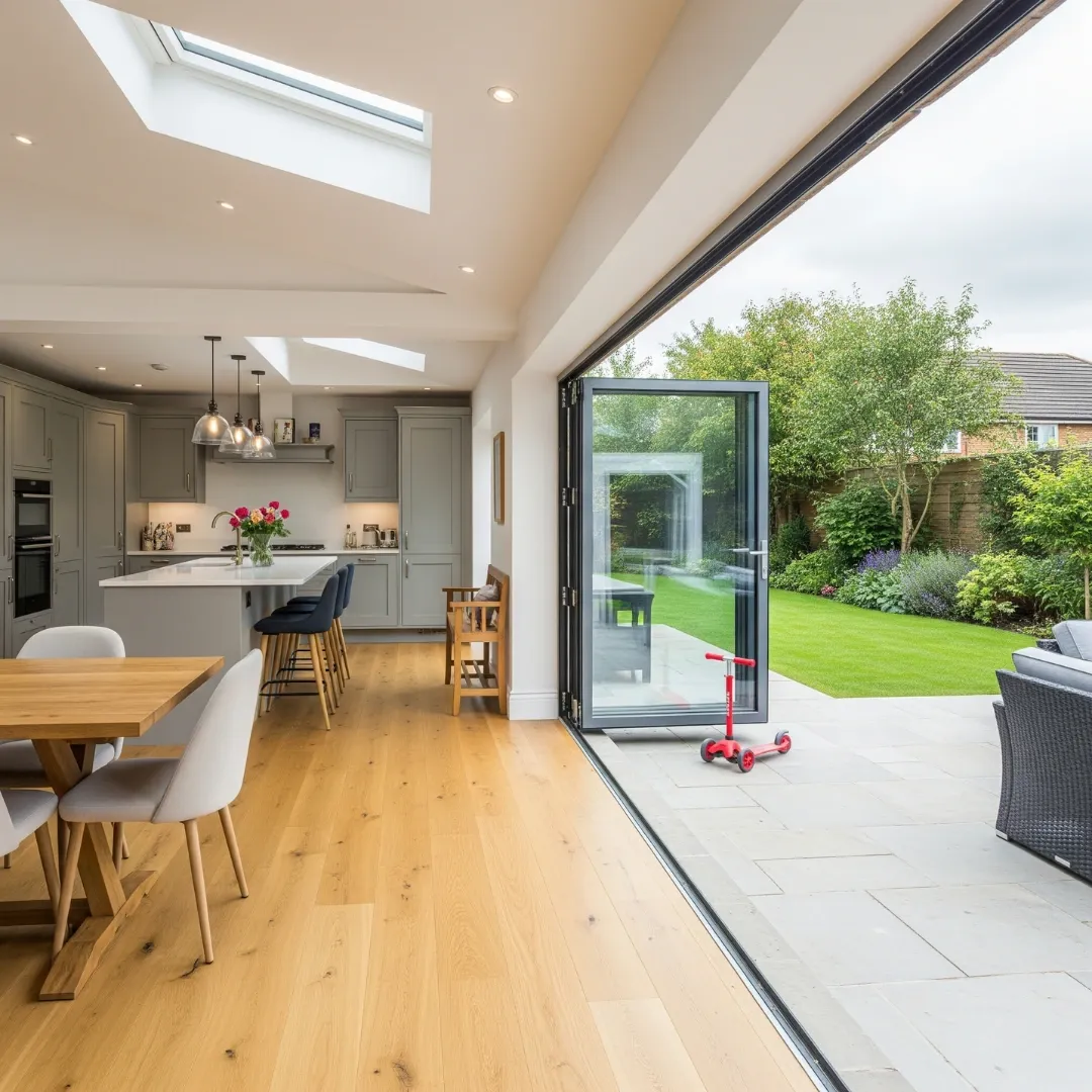 Open-plan kitchen and dining extension with bifold doors opened to the garden
