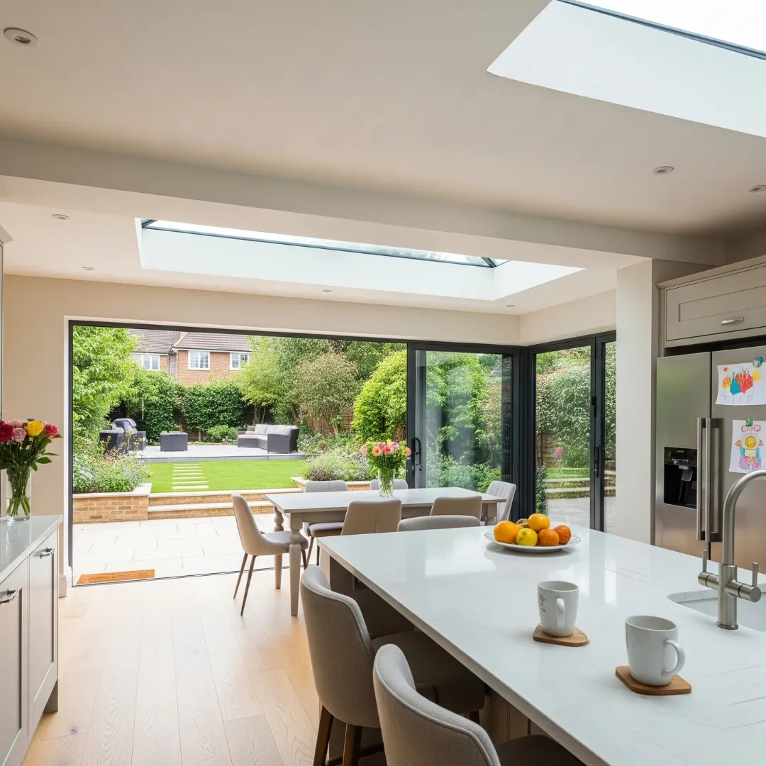 Rear kitchen extension in Surrey with roof skylights and open plan dining space
