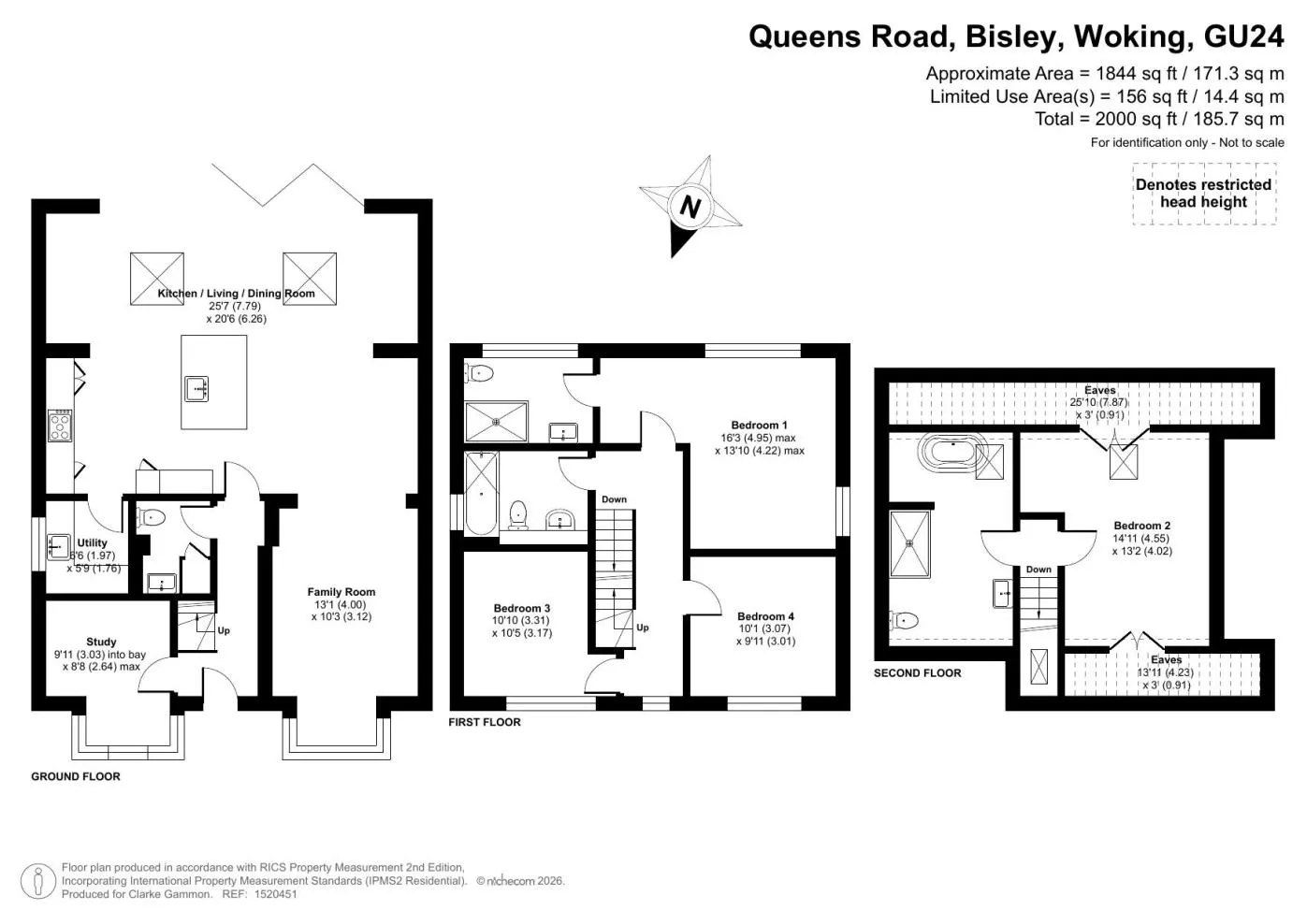 Floor plan showing the open-plan kitchen and living room across the rear of the ground floor, three bedrooms on the first floor and the principal bedroom suite on the second
