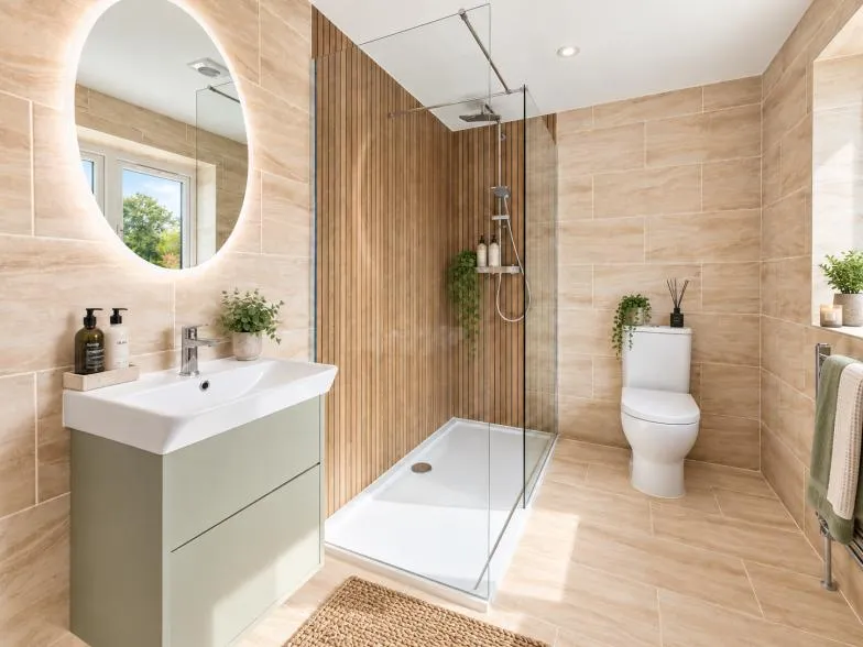 En-suite shower room with wood-effect tiling and illuminated mirror