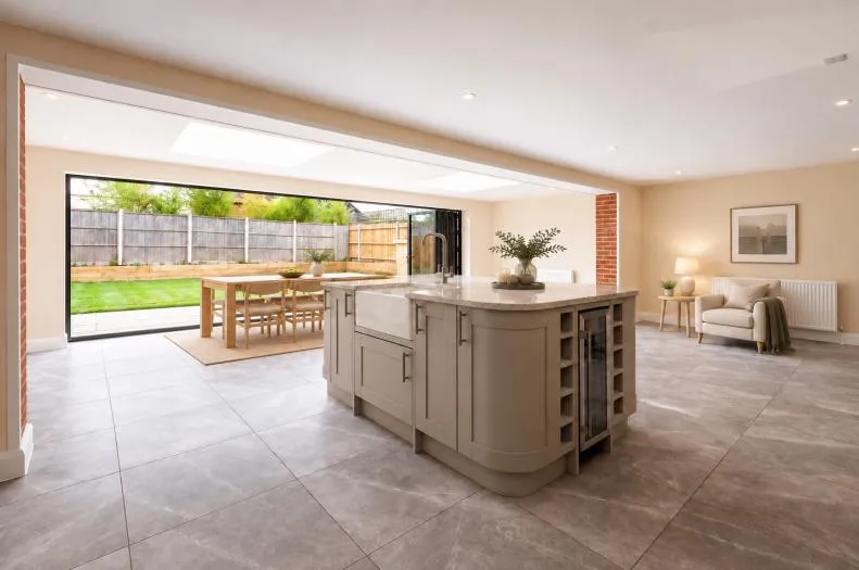 Kitchen island with quartz worktop looking through to the dining area