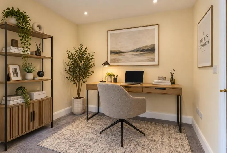Study at the front of the house with fitted desk and shelving