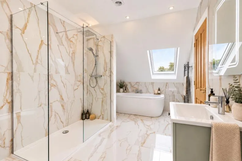 Four-piece bathroom with freestanding bath and separate walk-in shower